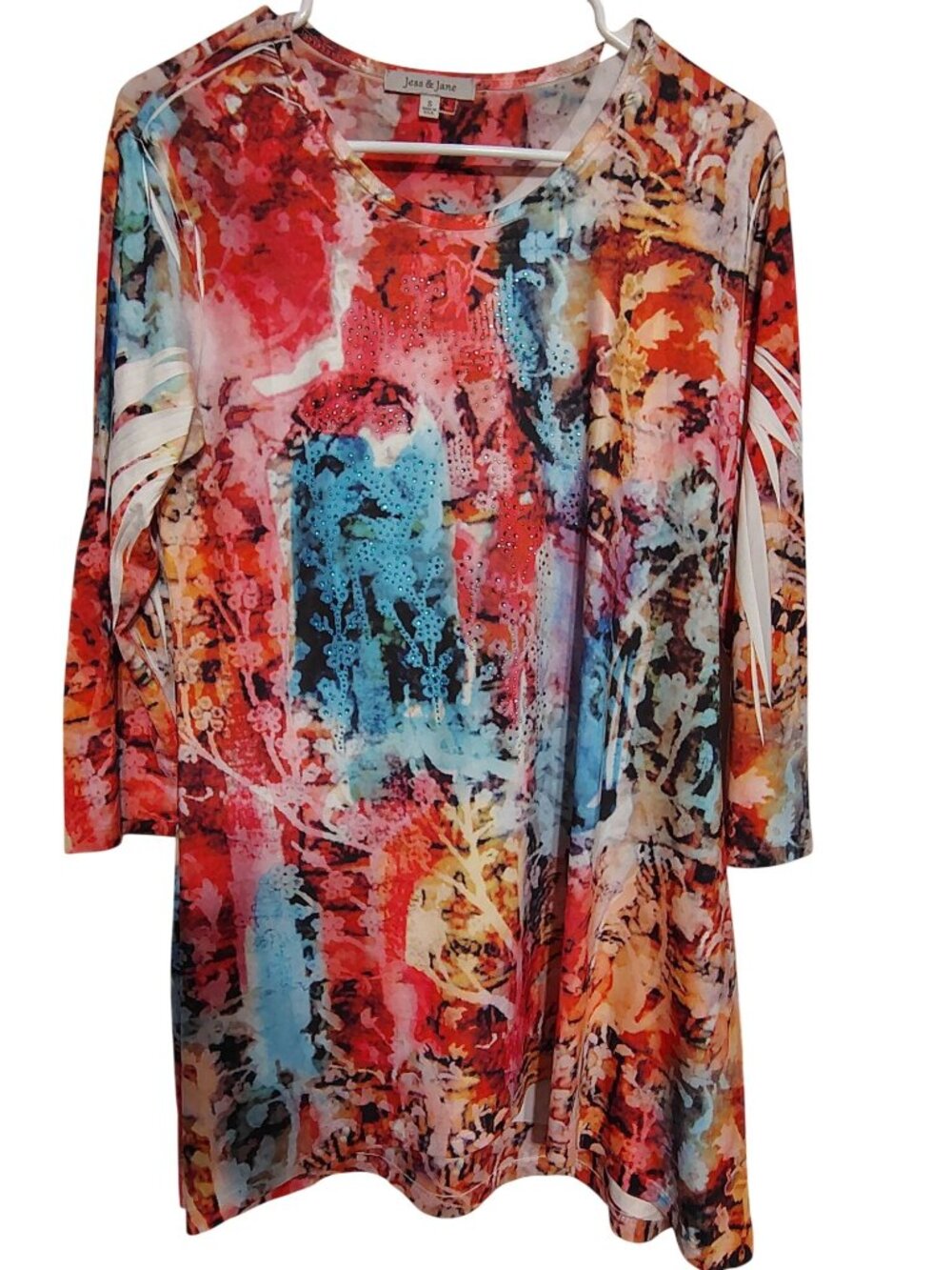 Jess & Jane Small Tunic Top, Dress, Tie Dye Floral, Metallic Accents, 3/4 Sleeve